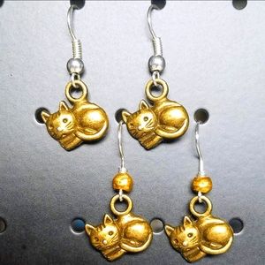 Brass Kitten Dangle Earrings, 1 3/4" Dangle, Shepherd's Hook, NWOT